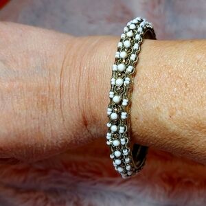 Vintage Gold Tone Bangle with White & Gold Beads